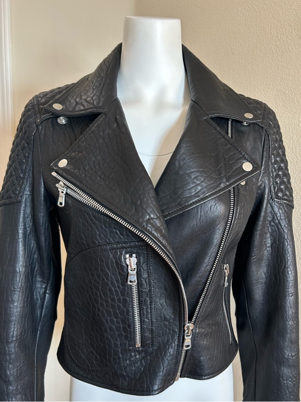 Proenza Schouler Black Lamb Skin Leather Moto Jacket 4 Quilted Silver Zippers